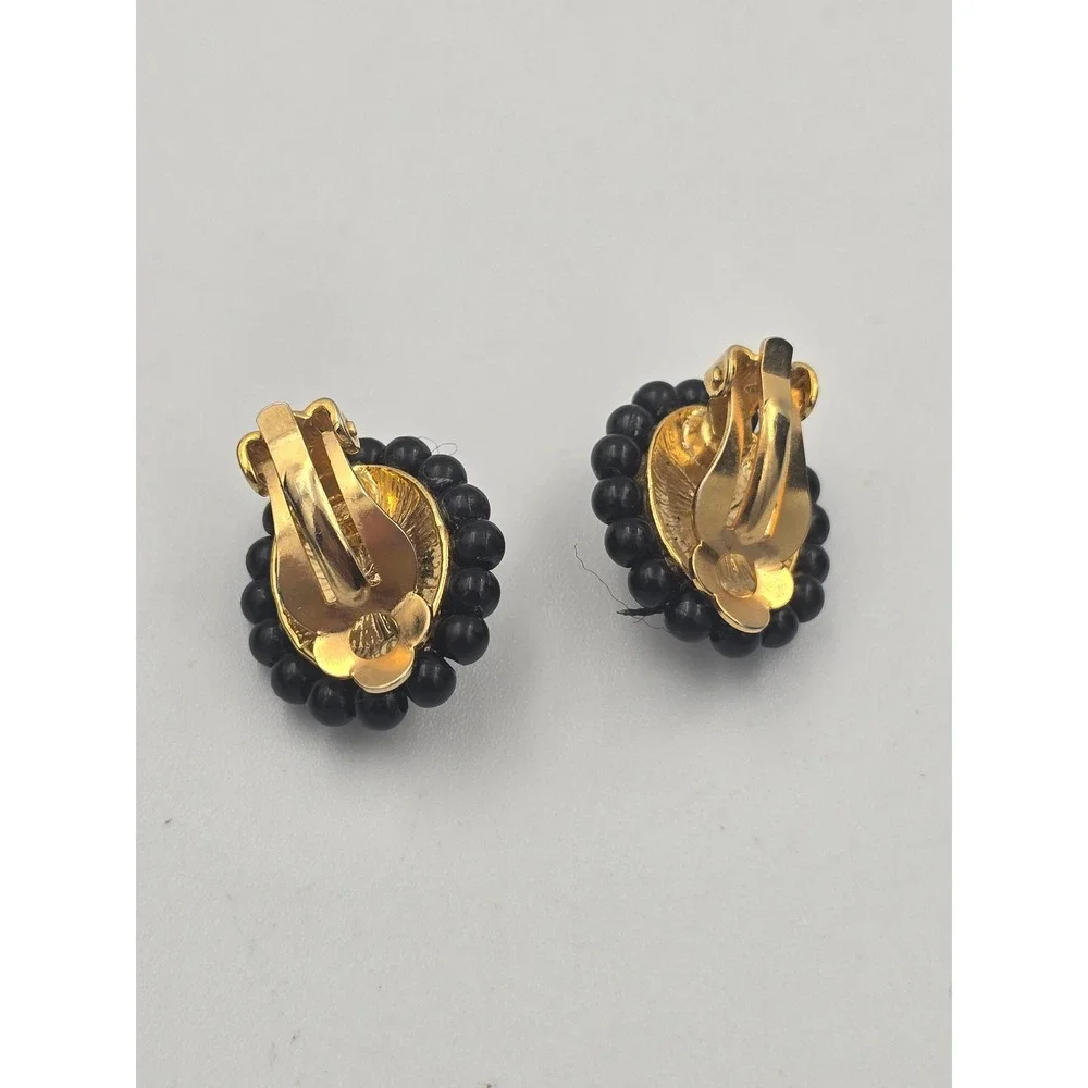 Vintage Black‎ Cabochon Gold Tone Clip On Earrings Beaded Oval Classic Style